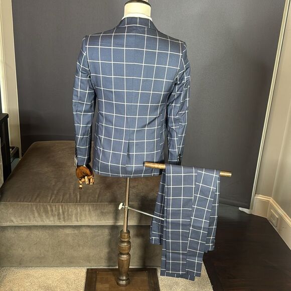 Men’s Blue Check Plaid 3 Piece Suit One Button Peak Lapel 30 Jacket 29 Pants NEW - Picture 4 of 16